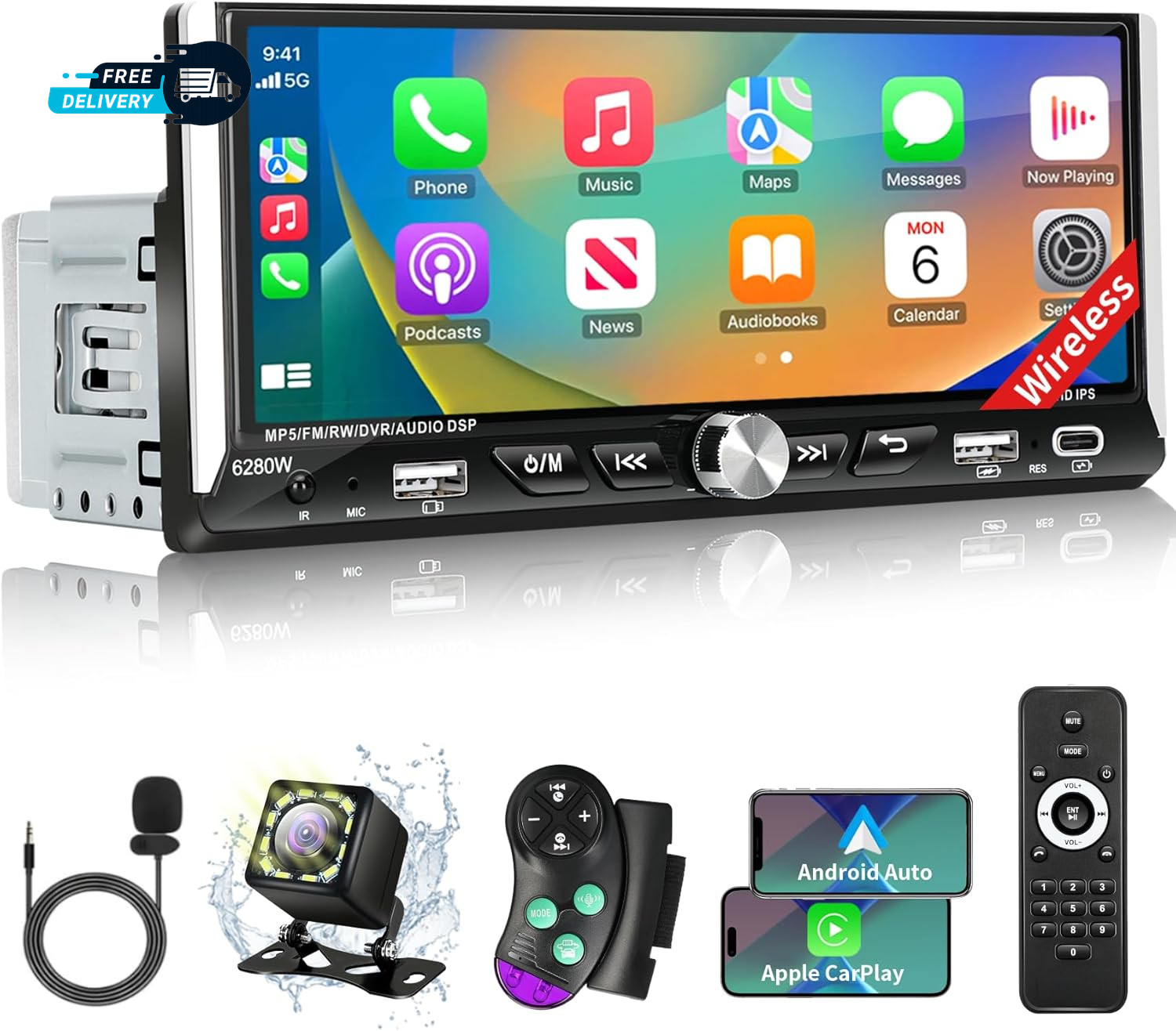 Single Din Car Stereo with Wireless Apple Carplay Android Auto 6.9″ IPS