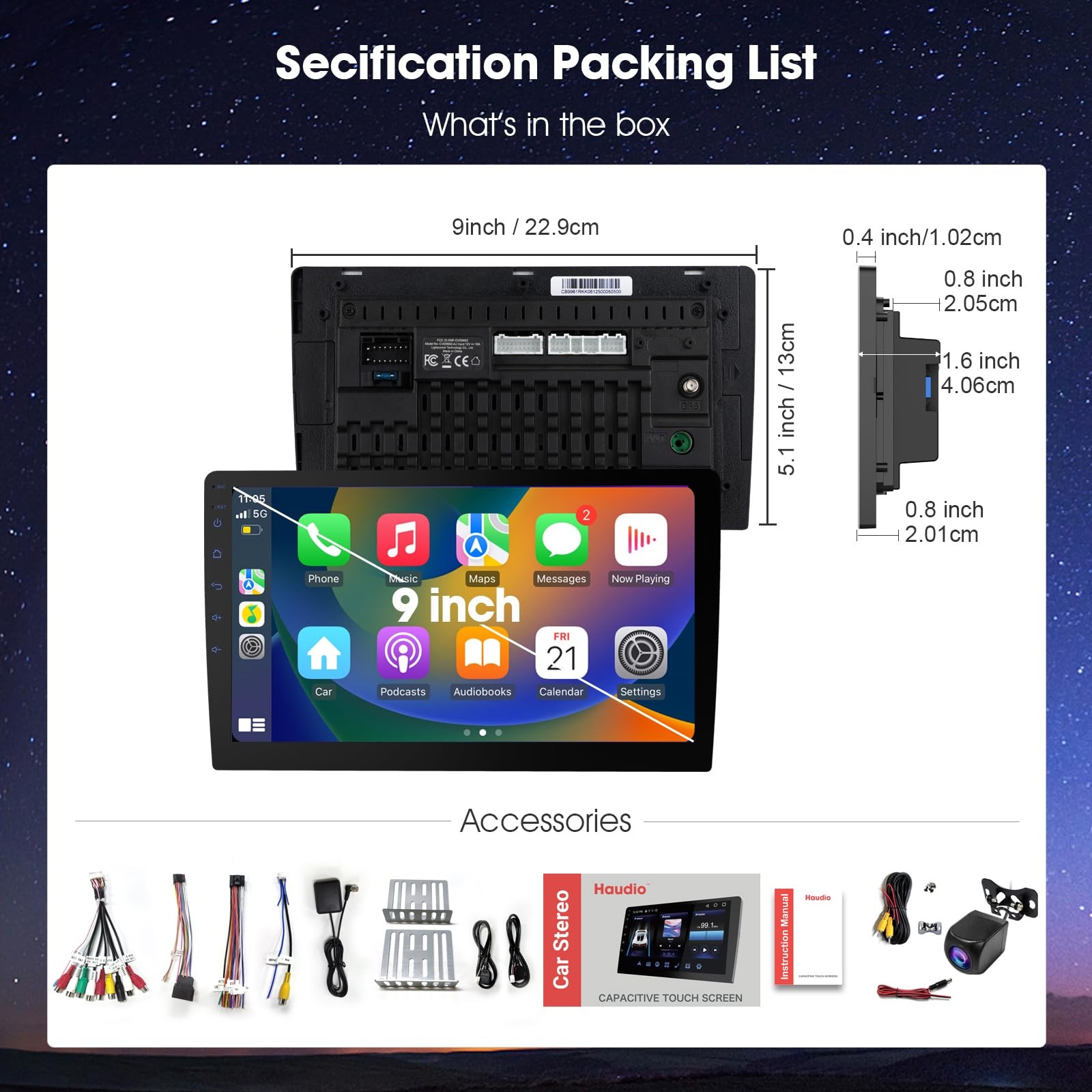 9 Inch Wireless Carplay Screen for Car,Double Din Car 9 inch-4+64GB, black