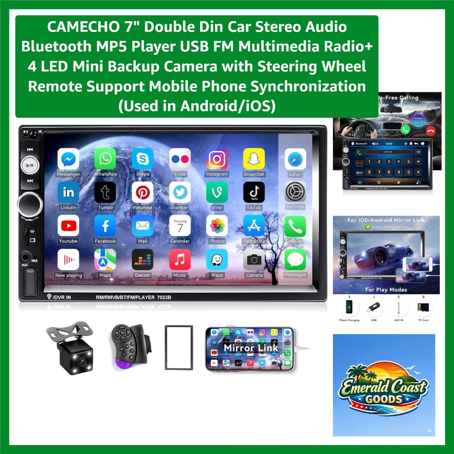 7-Inch Bluetooth Double Din Car Stereo with 1080P Touchscreen & Backup Camera