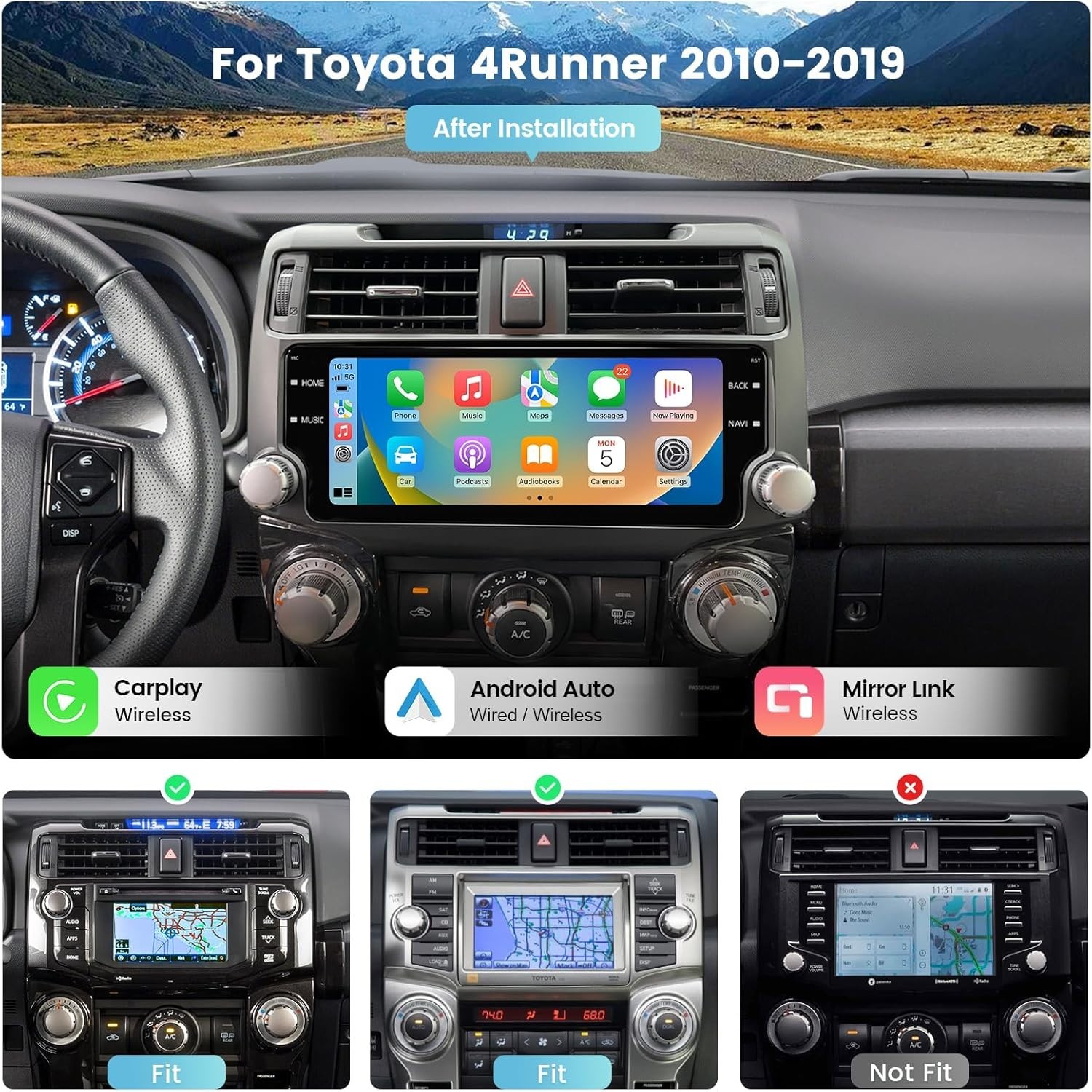 Roadanvi 10.25″ Car Stereo for Toyota 4Runner 2010-2019 QLED Touch Screen GPS