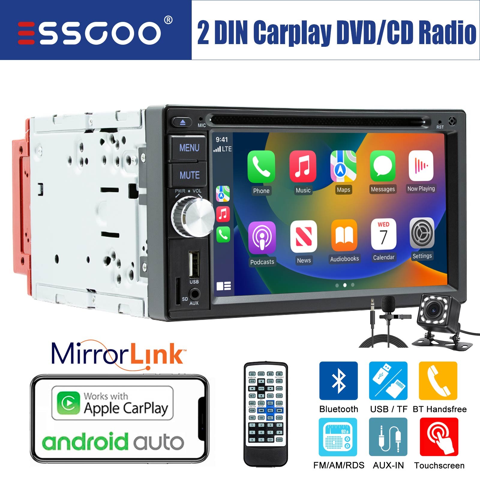 2 DIN 6.2″ Carplay & Android Auto CD DVD Player FM AM Stereo Radio + Camera MIC