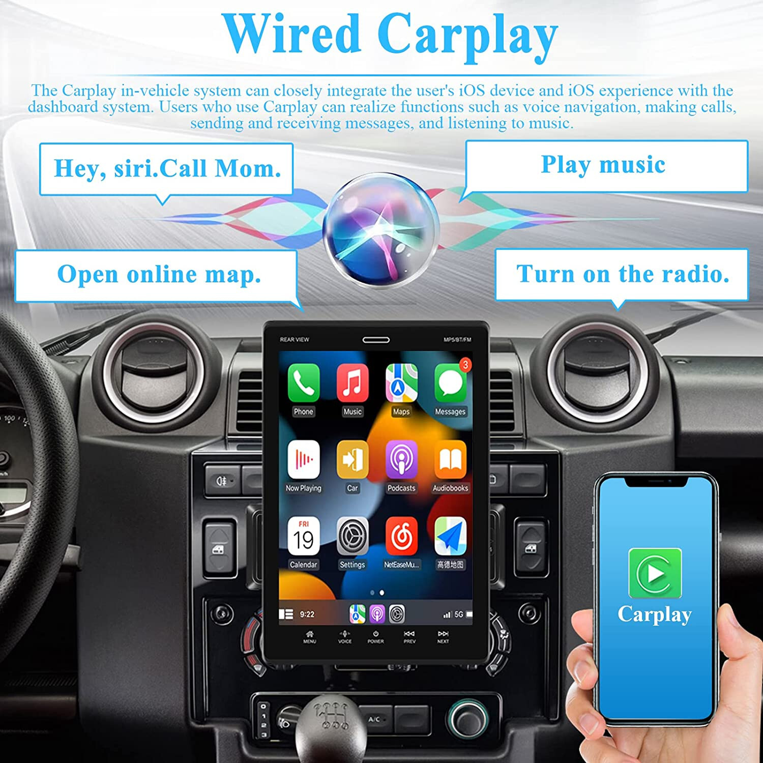 Car Play 9.5 Inch Screen SWC DVR USB AUX TF FM Radio Mirror Link Single Din 1DIN