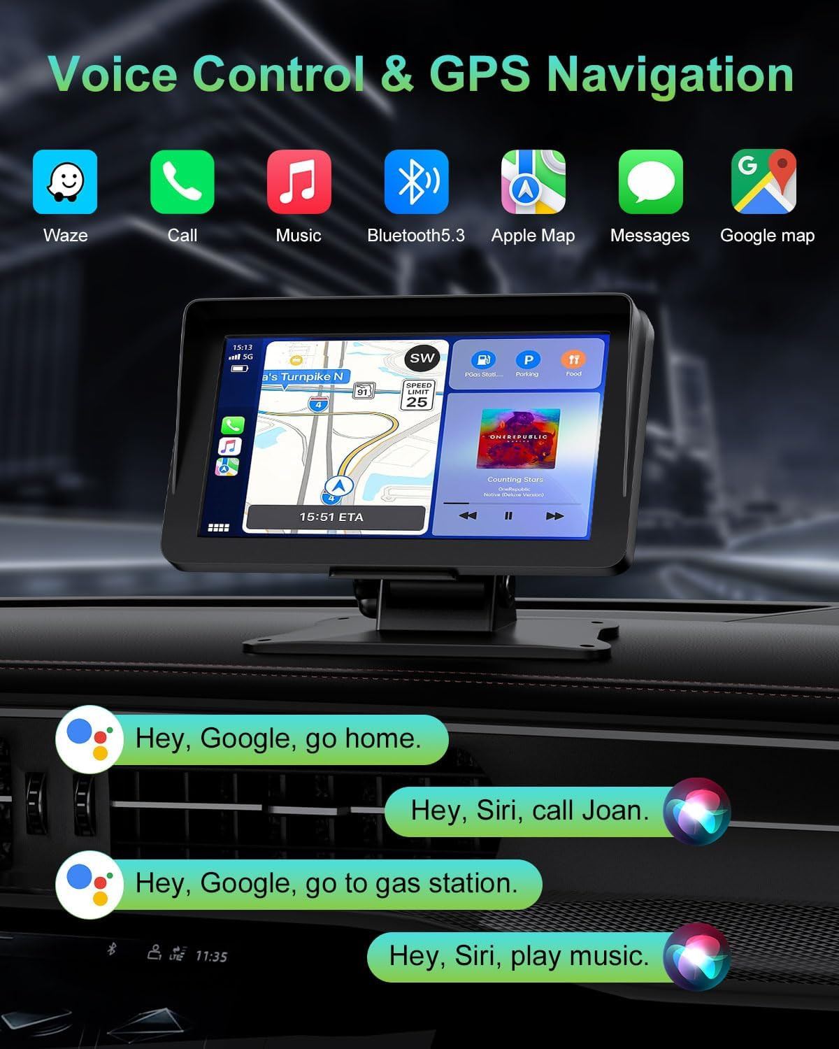 Carplay Screen for Car, 7″ HD Portable Wireless Carplay & Android Auto