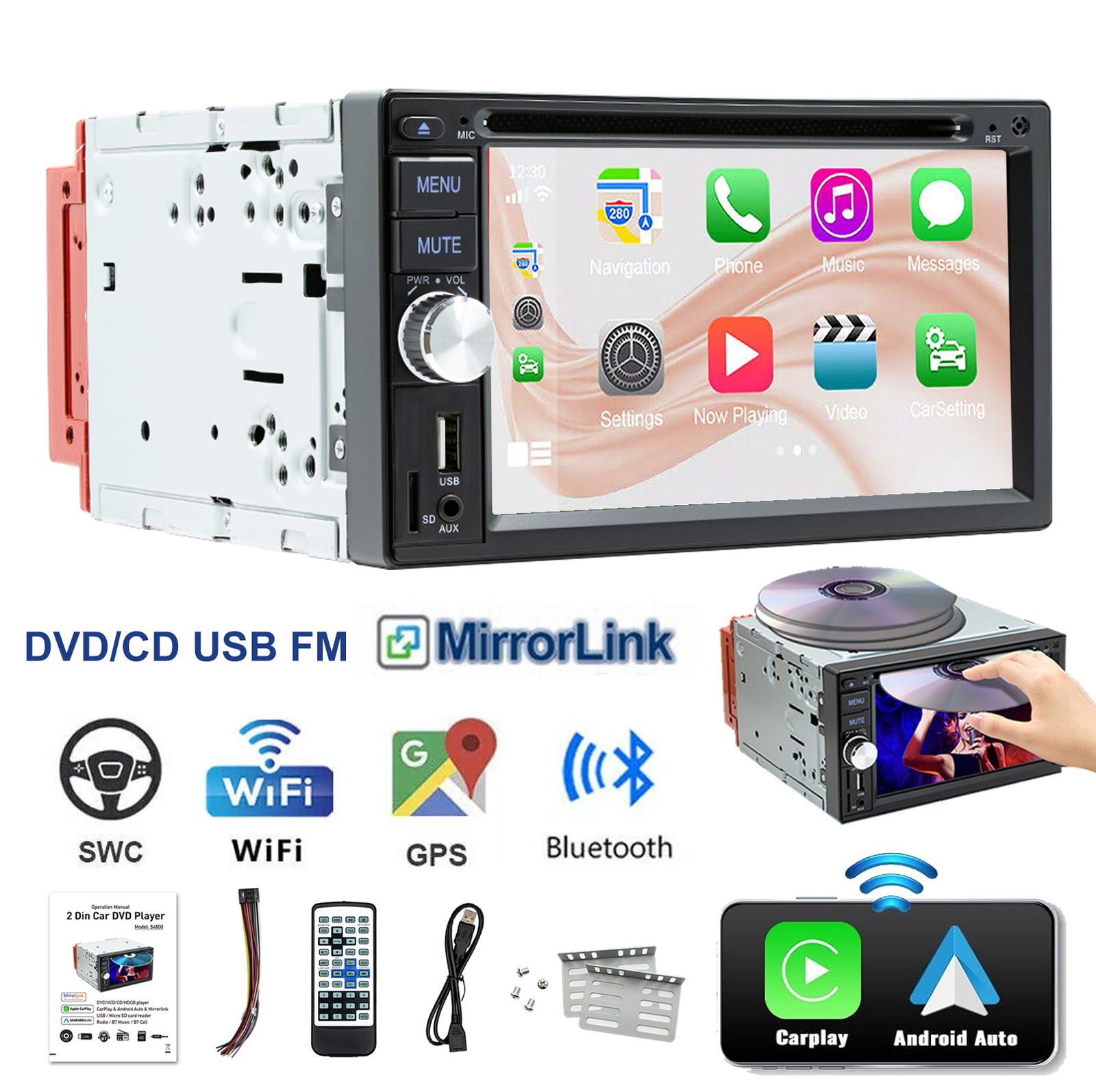2 DIN 6.2″ Carplay & Android Auto CD DVD Player FM AM RDS Stereo Head Unit Radio