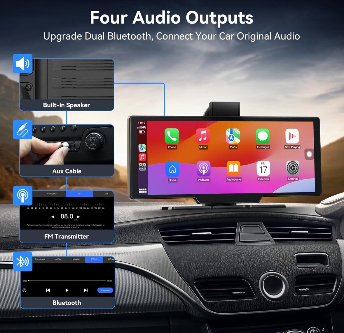Wireless Carplay Screen, 10.26 inch IPS FHD Touchscreen, Back Up Cam Dash Cam
