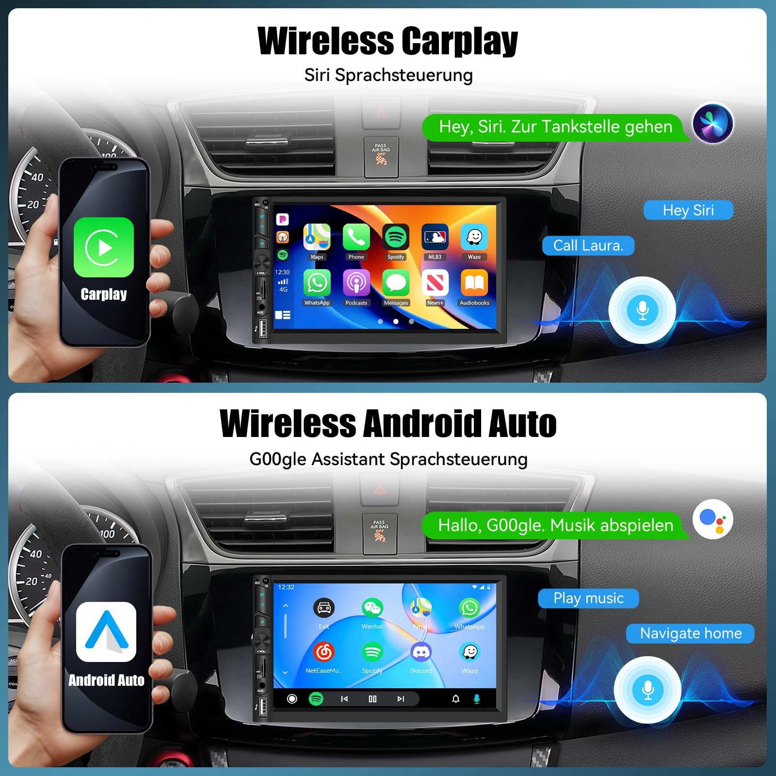 Double Din Wireless Carplay Android Auto Bluetooth Car Radio, 7 Inch Model 2