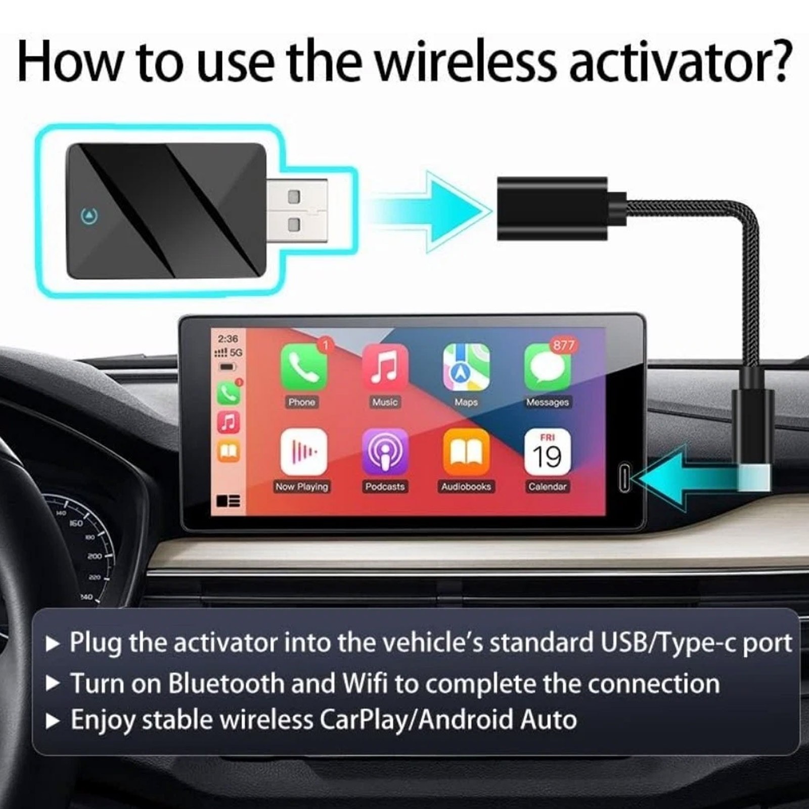 2 in 1 Carplay Wireless Adapter for iPhone Android USB Car Dongle Plug ＆ Play