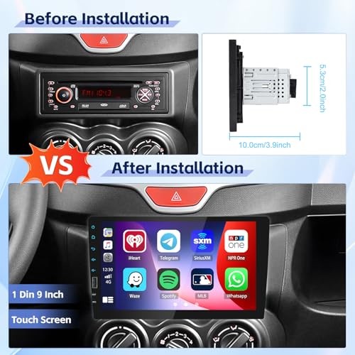 9 Inch Single Din Car Stereo Android Auto, 1 Din Touch Screen Wireless Carplay