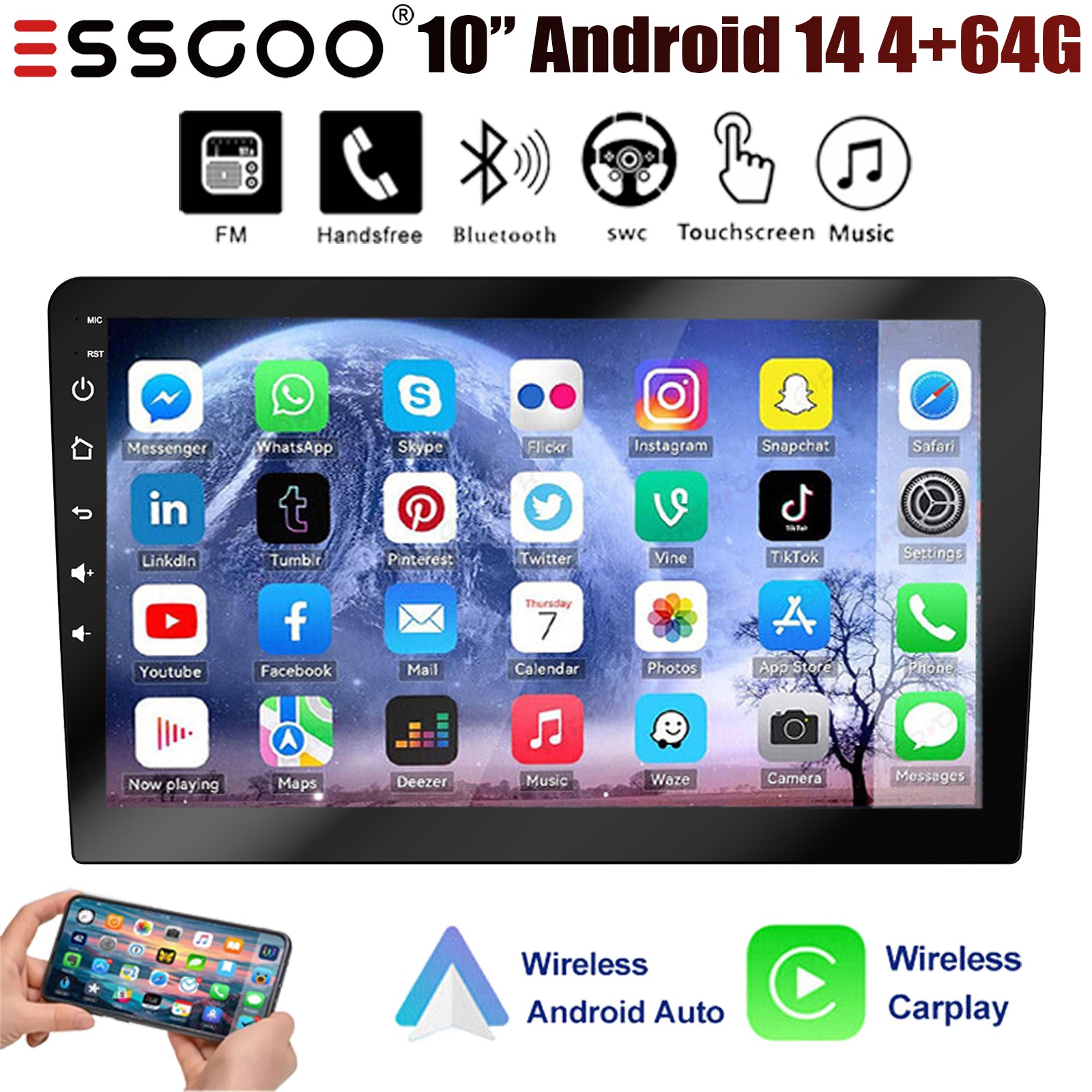 10″ Car Stereo 4+64G Carplay Android 14 Double 2DIN IPS Touch Screen GPS Wifi BT