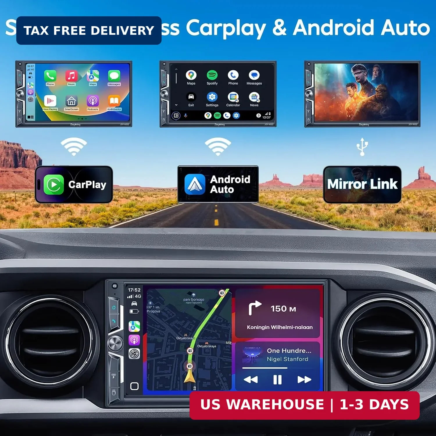 SJoyBring 7″ QLED Double Din Car Stereo – Wireless Apple CarPlay & Android Auto,
