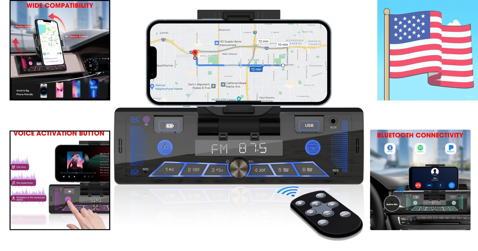 Single-Din Stereo with Car Phone Holder – Bluetooth Car Radio – Push to Talk …
