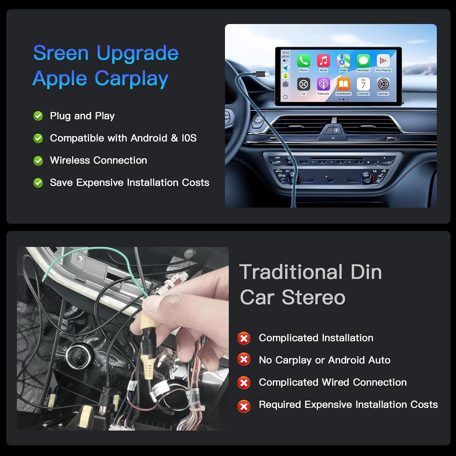Wireless Carplay Screen for Car, 10.3” Portable Carplay & Android Auto Touchscr