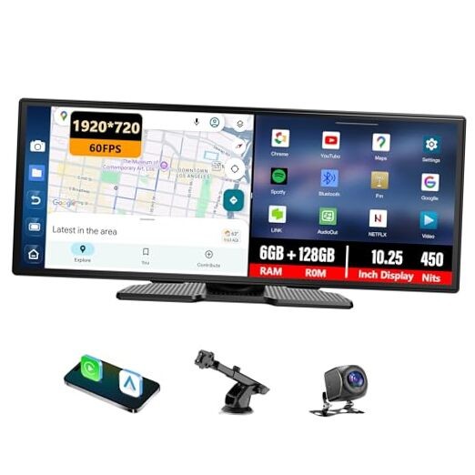 10.25″ CarPlay Screen with Dashcam & Apps, Built-in Google-Play & 6GB+128GB,