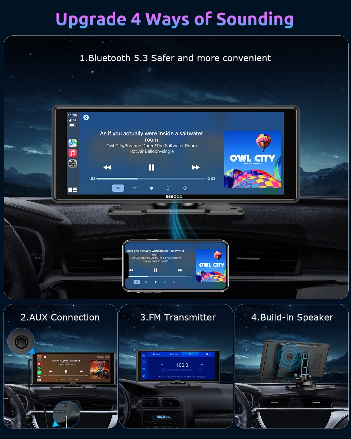 10.26″ HD Wireless Android & Carplay Screen for Car, Portable Touchscreen 4K+CAM