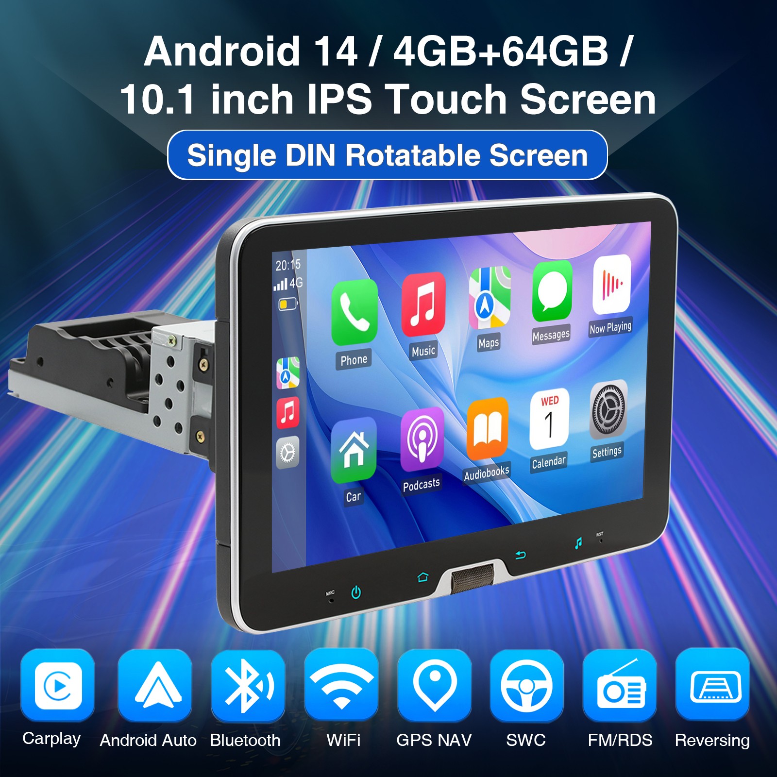 10″ 1 Din Car Stereo Radio with CarPlay/Android Auto Rotatable Touch Screen GPS