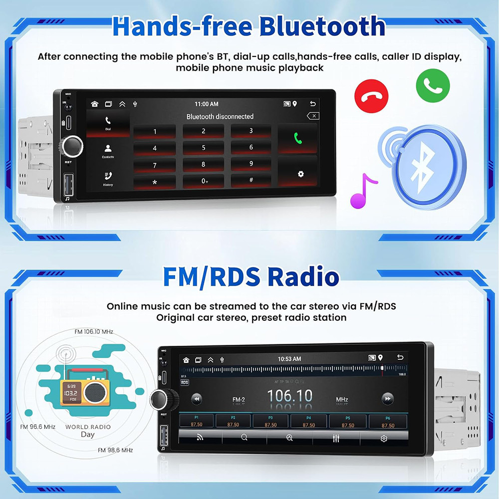 Android 13 Single 1 Din Car Stereo Wireless Apple Carplay/Android Auto Radio 64G