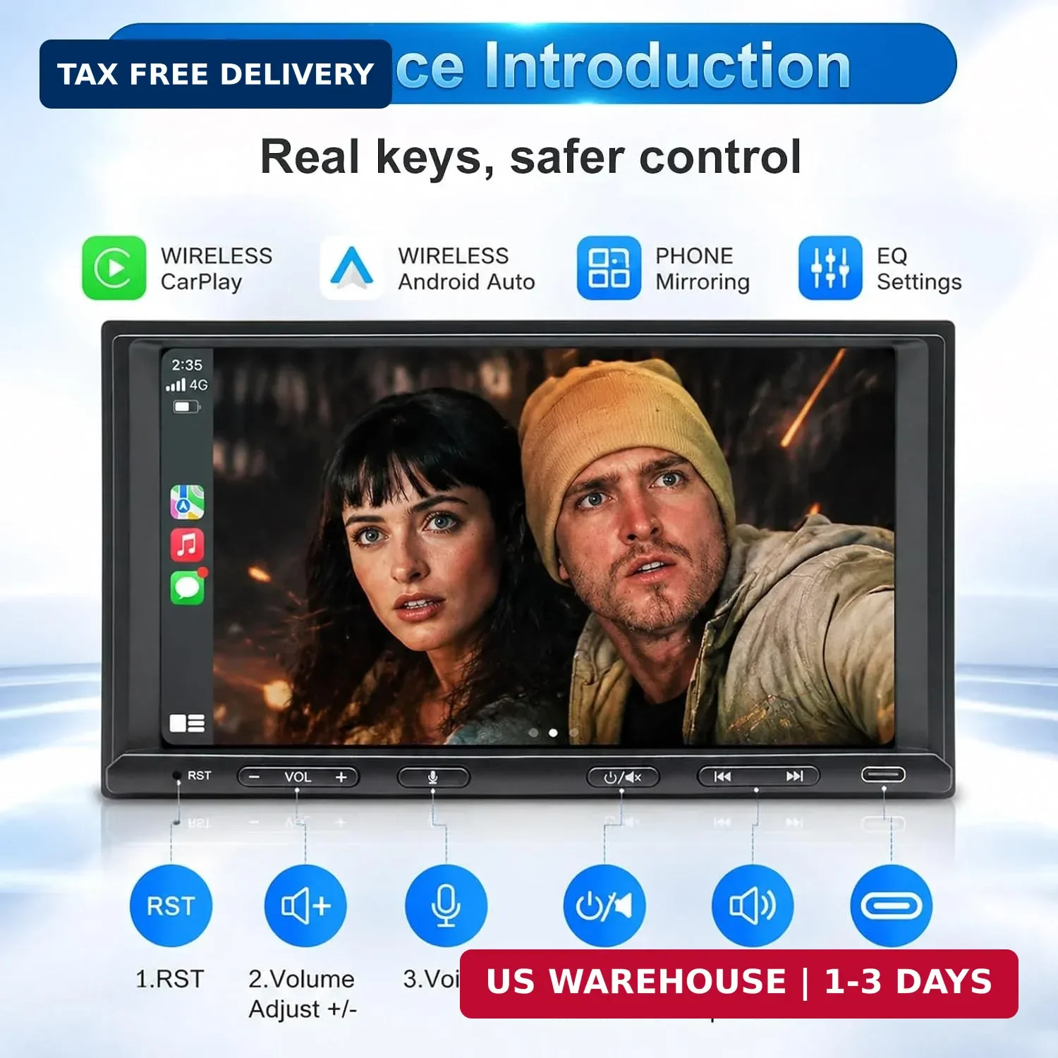 Double Din Car Stereo Wireless Apple CarPlay Android Auto, 7in Double Din Radio