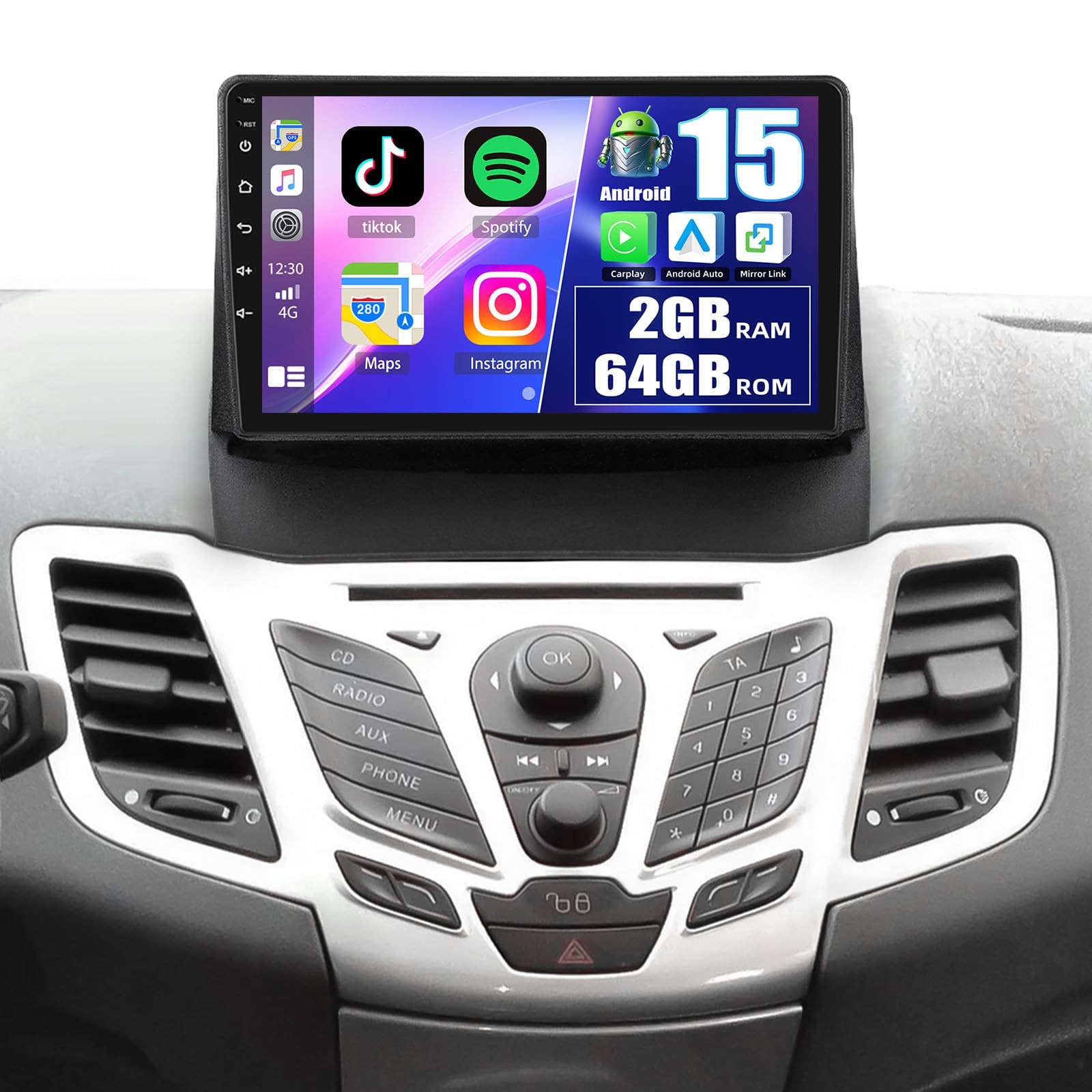 2+64G for Ford Fiesta 2009-2014 Android 15 Car Stereo 9 Inch Touch Screen Wir…