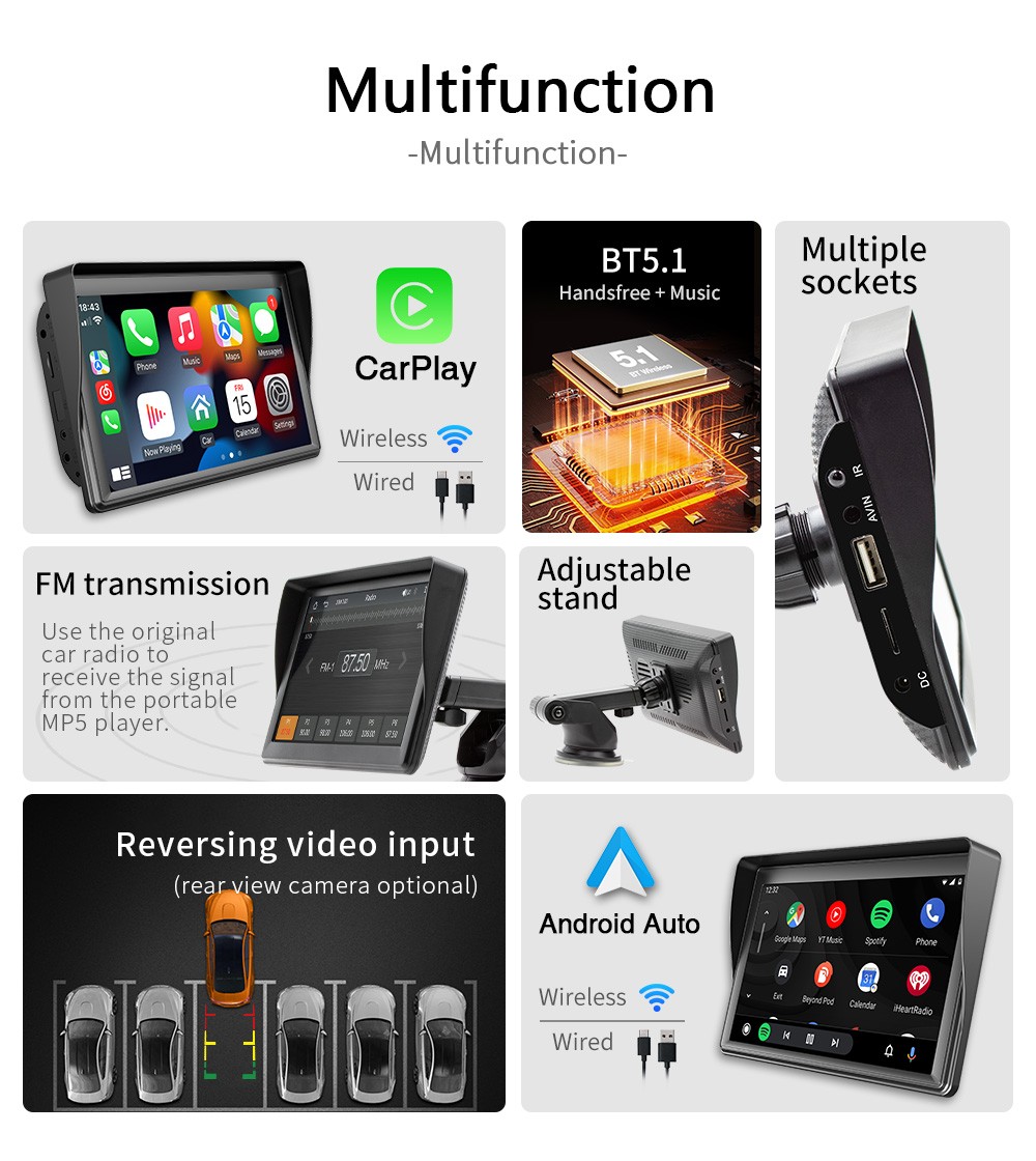 7Inch Wireless Portable CarPlay MP5 Player with Sunshade&Rear View Camera Input