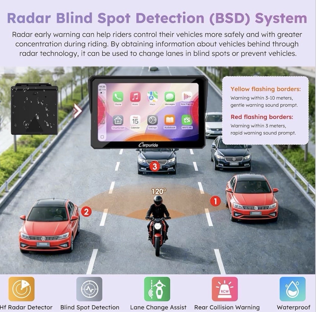 W702RS PRO Motorcycle GPS Wireless Carplay/Android Auto/Radar BSD, 7.02 inch