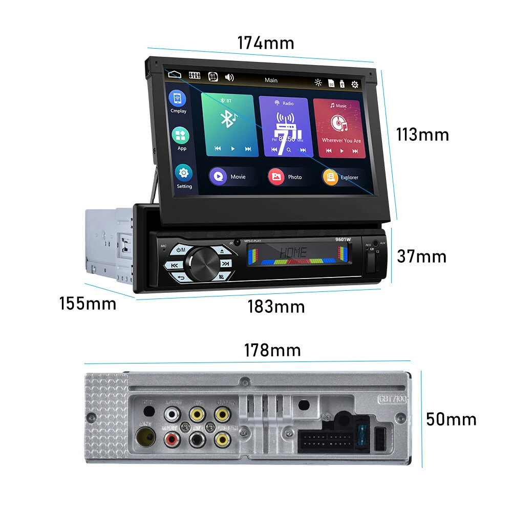 7″ 1 Din Car Stereo Radio Telescopic Screen Touch Screen Wireless Carplay FM+cam