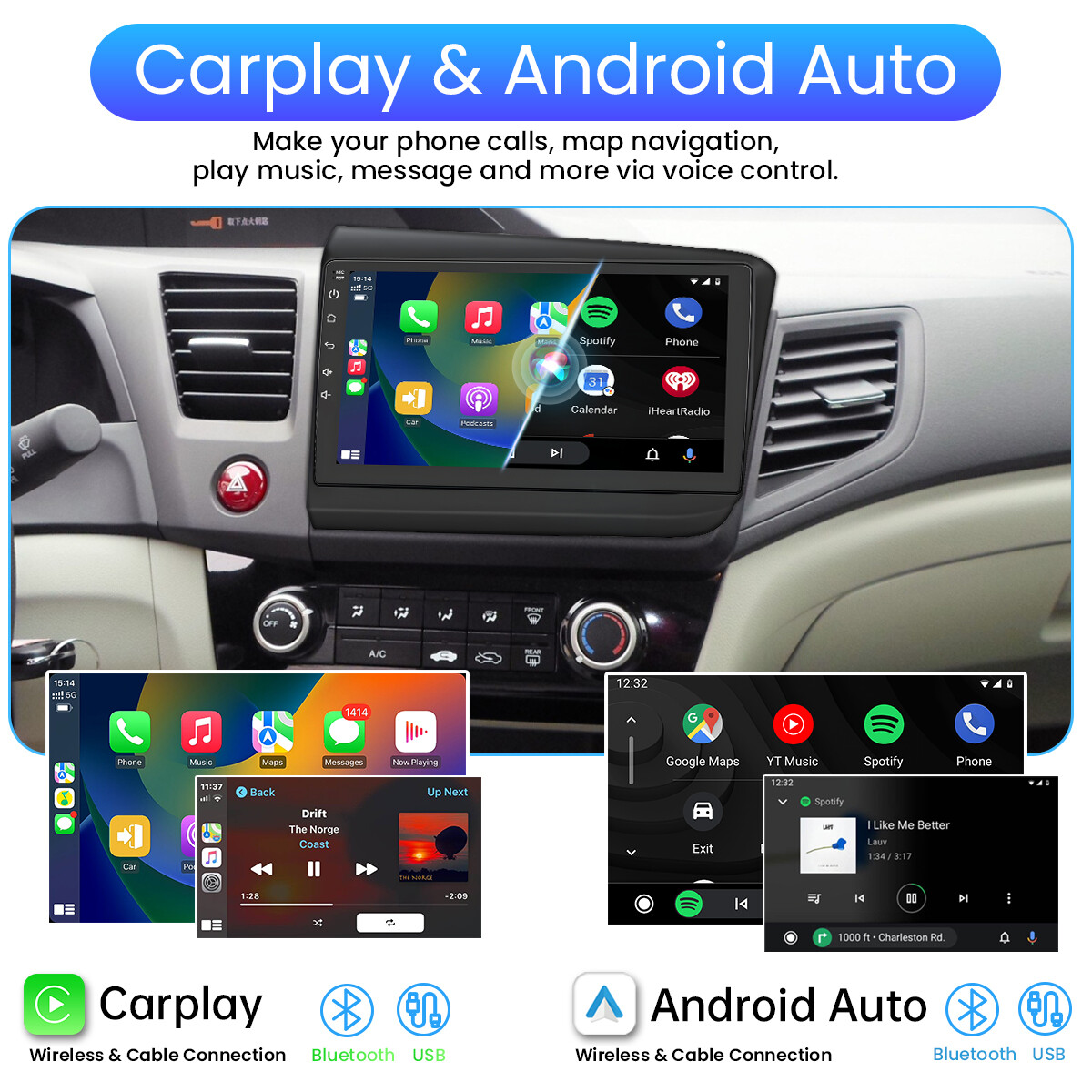 For Honda Civic 2012 Apple CarPlay Auto Android 12 Car Radio Stereo Wifi