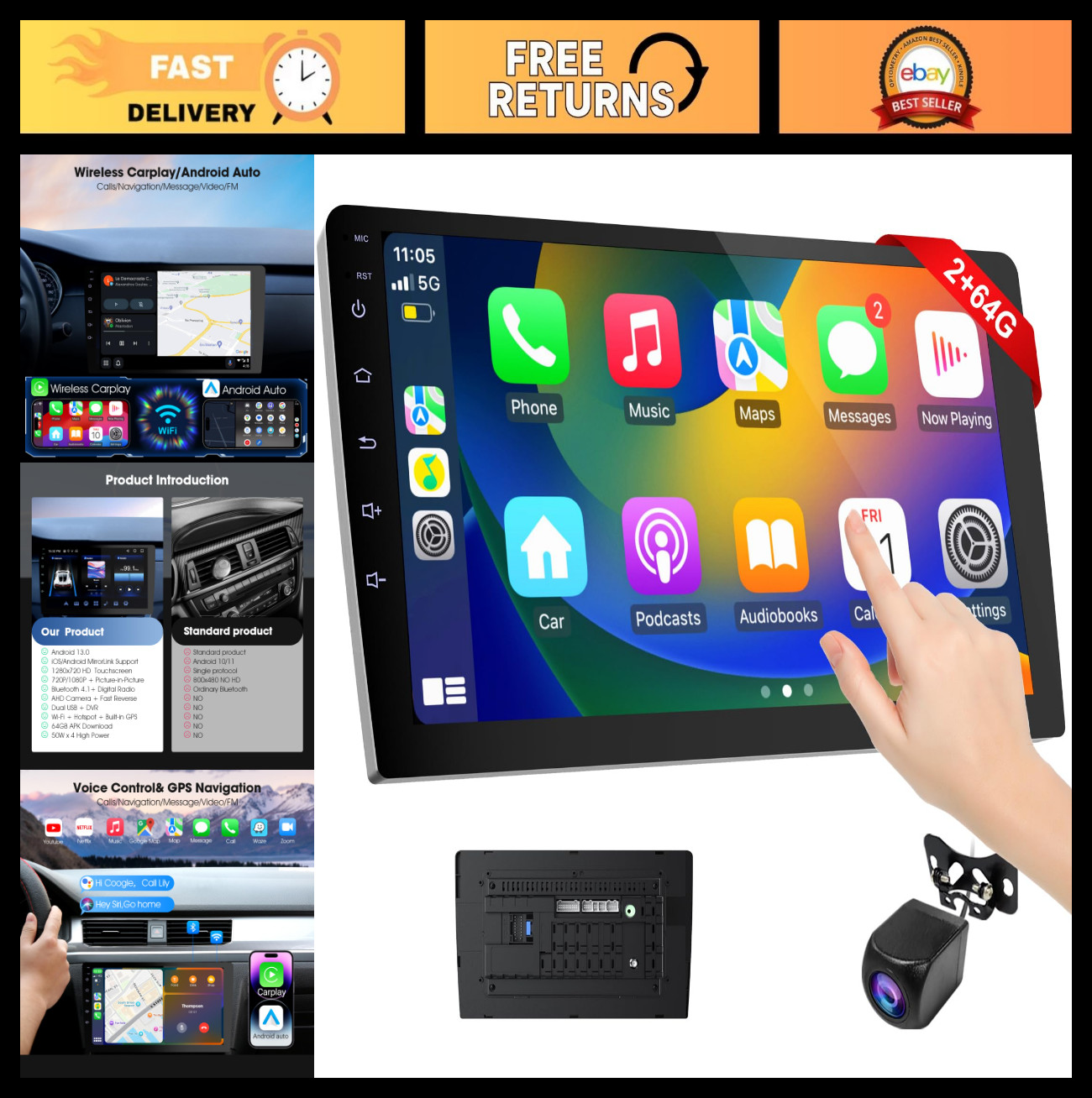 9″ Wireless CarPlay & Android Auto Double Din Car Stereo, GPS, Backup Camera, Mu