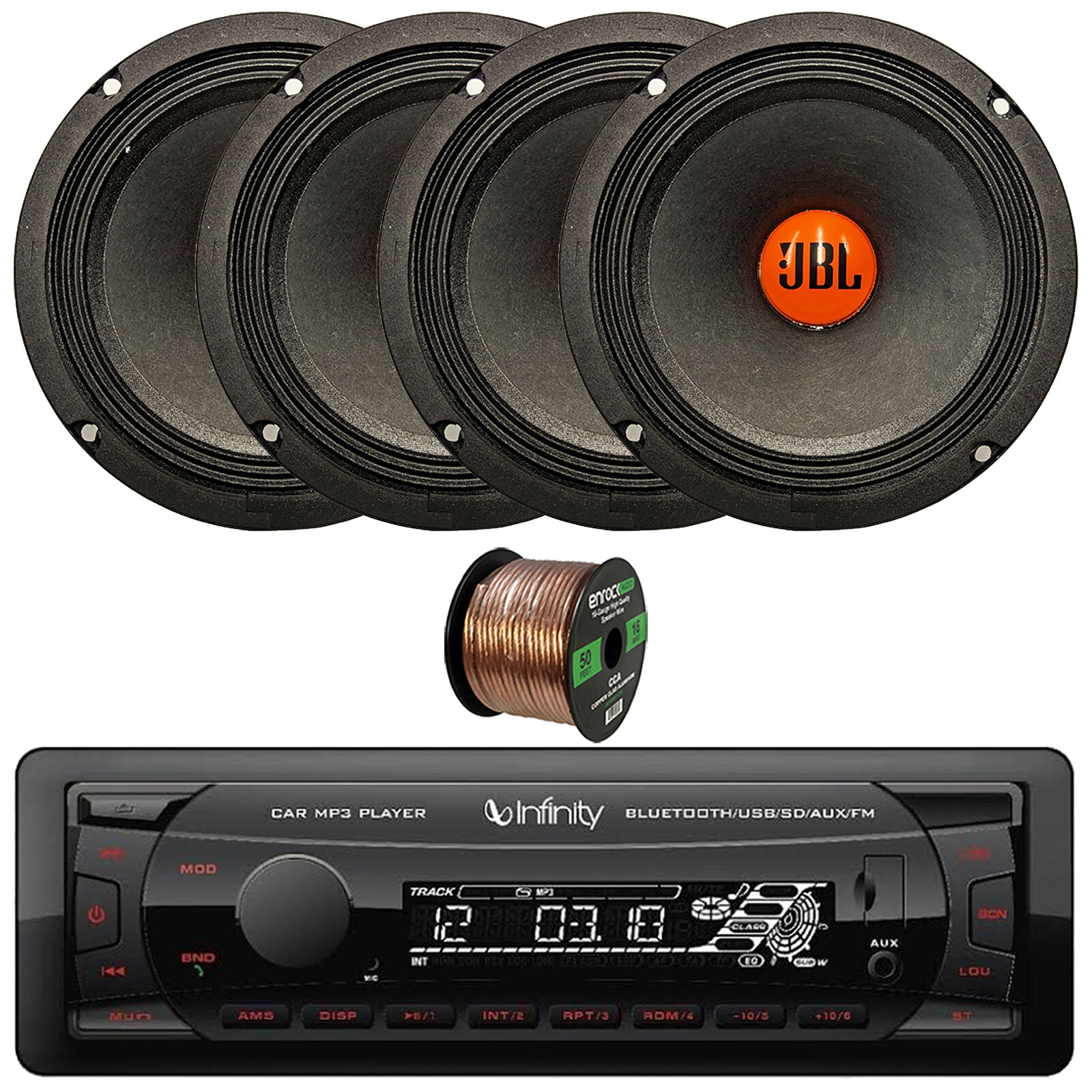 Single DIN Bluetooth USB/AUX FM Radio Receiver, 4x 6.5″ 300W Car Speakers + Wire