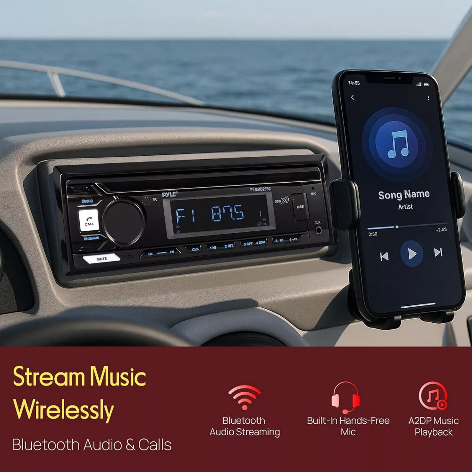 Pyle PLMRB29B2 Single DIN Marine Bluetooth USB/AUX MP3 In-Dash Black Receiver