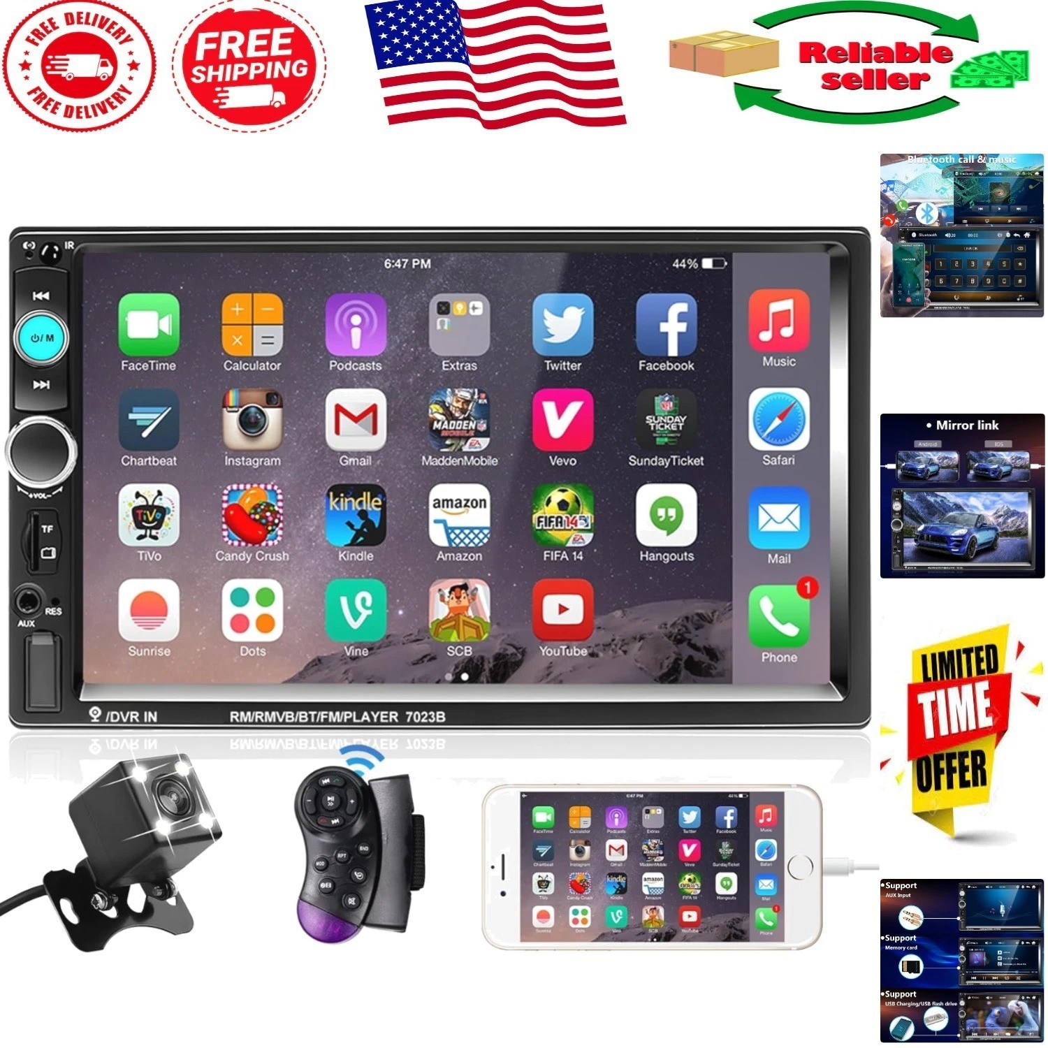 HD Touchscreen Double Din Radio with Bluetooth and Steering Wheel Control