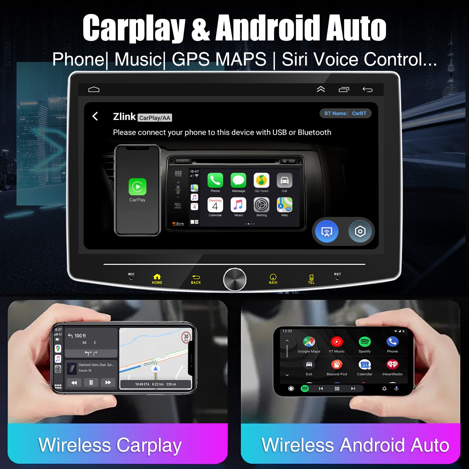 Single Din Car Stereo 10.1″ 360° Rotatable Touch Screen Carplay Android 14 4+64G