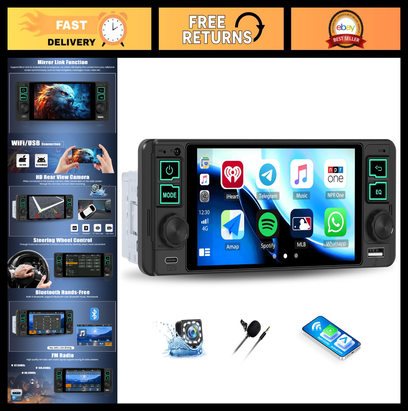 Single Din Car Stereo with Wireless CarPlay, Android Auto, 5.1″ Touchscreen, Blu