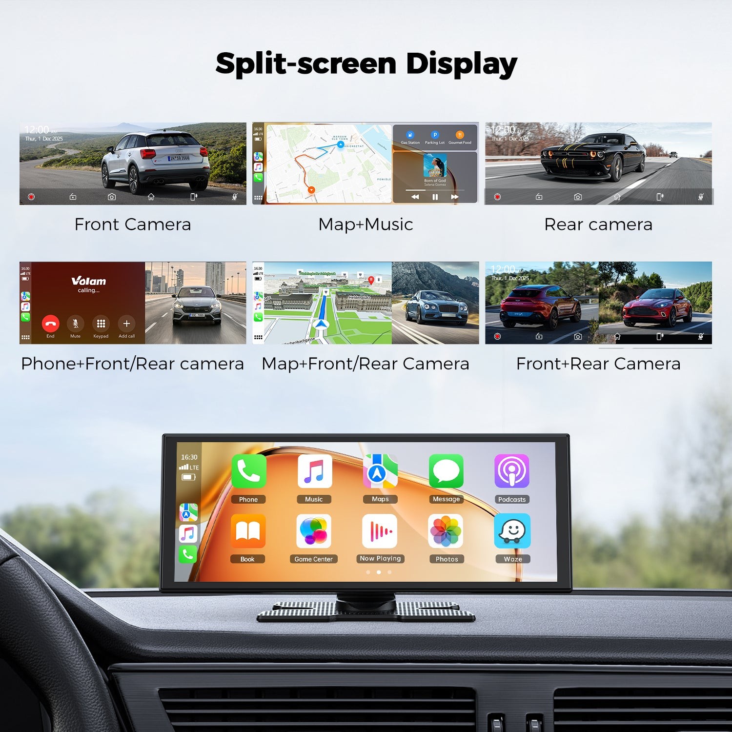 Lamtto 10.25″ 2.5K Dash Cam Car Stereo Radio Wireless CarPlay Android Auto+64GB