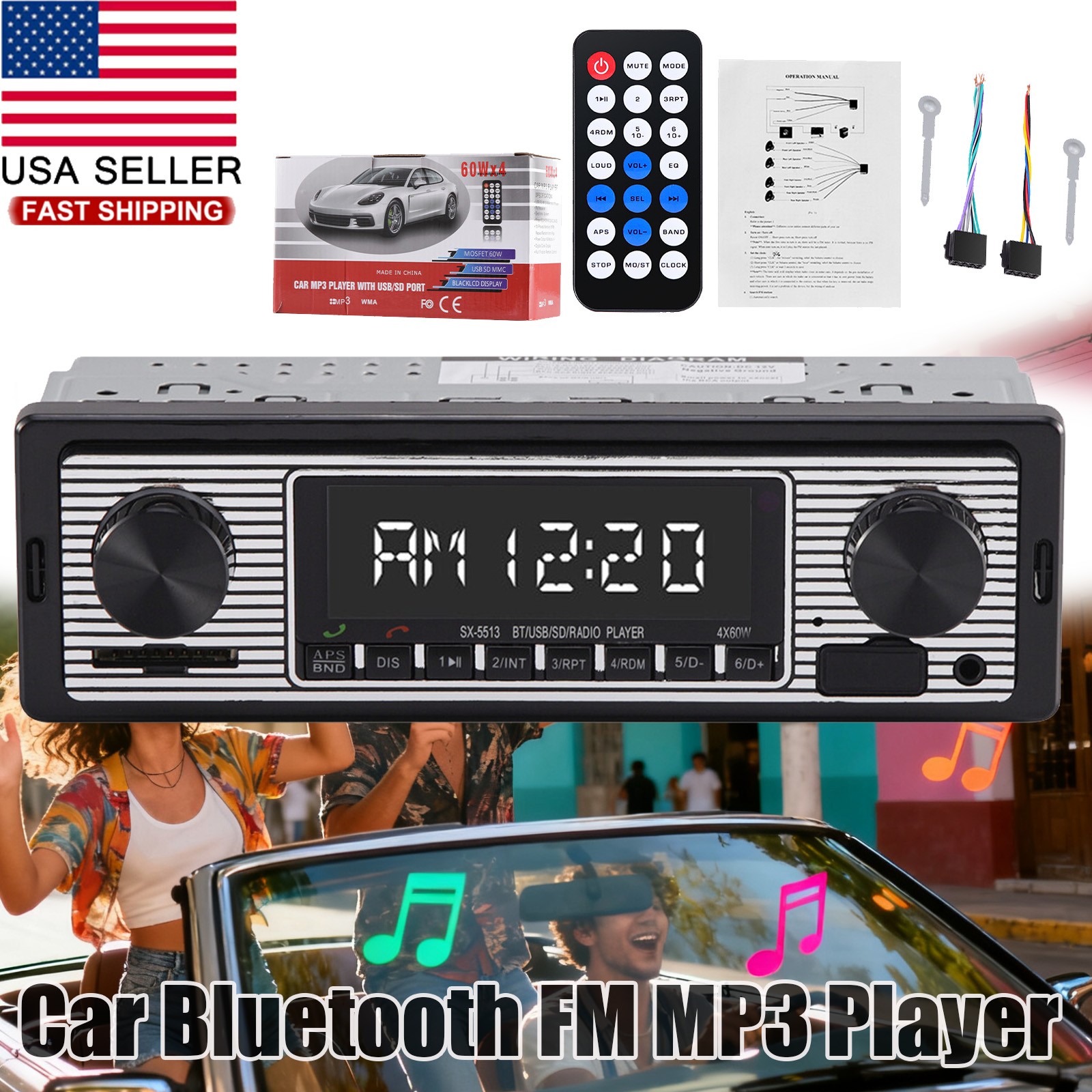 Bluetooth Vintage Car FM Radio MP3 Player USB Classic Stereo Audio Receiver AUX