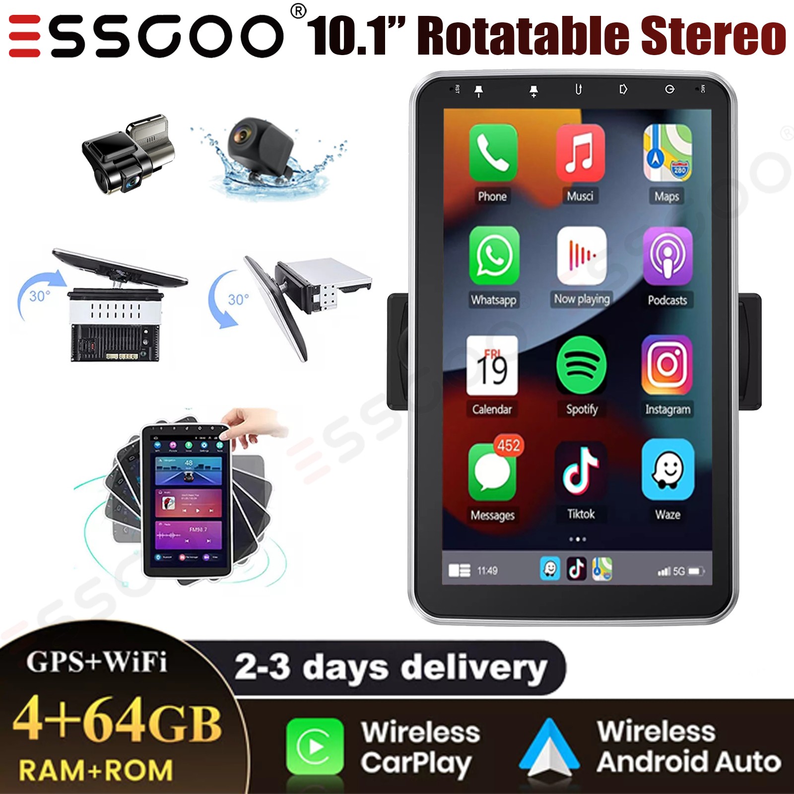 10.1″ 1 Din Android 15 DVR+ Car Stereo Radio Carplay Rotatable 4G+64G BT Camera
