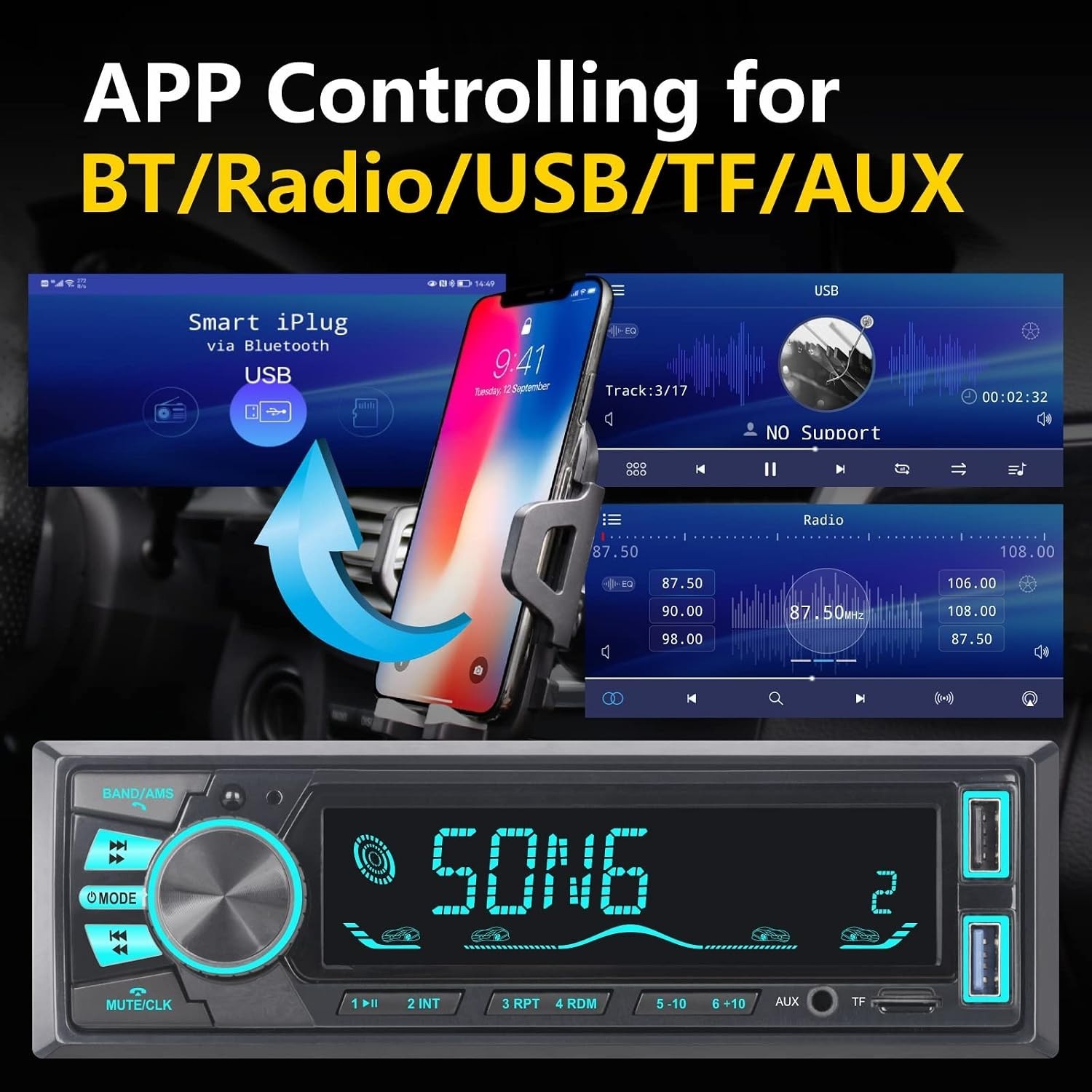 Single DIN Bluetooth Car Stereo – Fast Charging, AUX Input & APP Functionality