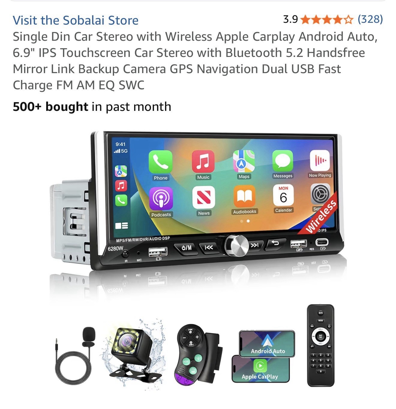 Single Din Car Stereo with Wireless Apple Carplay Android Auto 6.9″ IPS