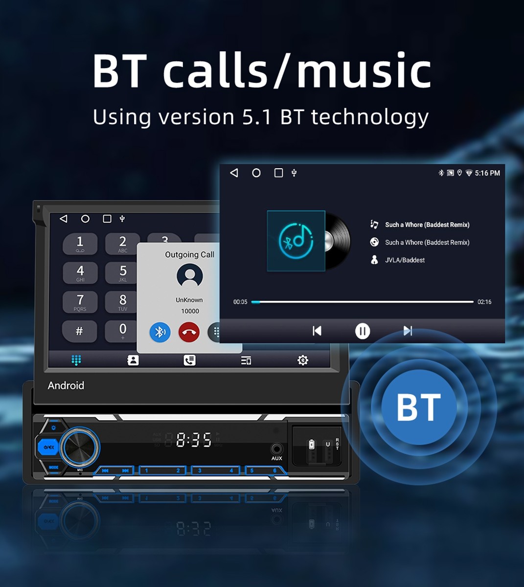 7” Single Din Android 15 Retractable Screen Car Stereo Radio GPS WIFI Carplay