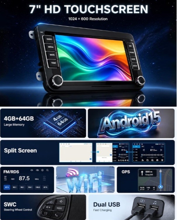 Android 15 Car Stereo VW Jetta Passat Golf Tiguan CarPlay GPS 4GB+64GB BRAND NEW