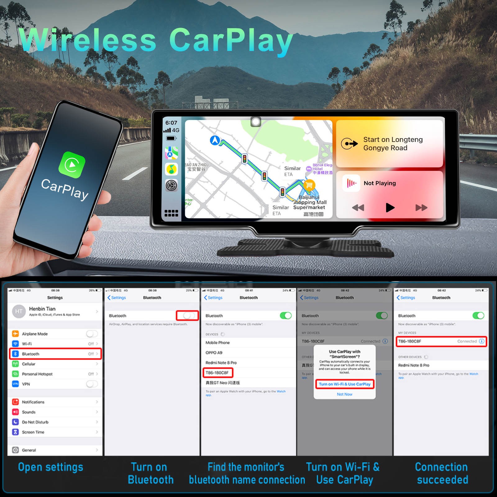 10.26″ Portable Bluetooth Car Navigation Carplay Wireless Car Radio + AHD Camera