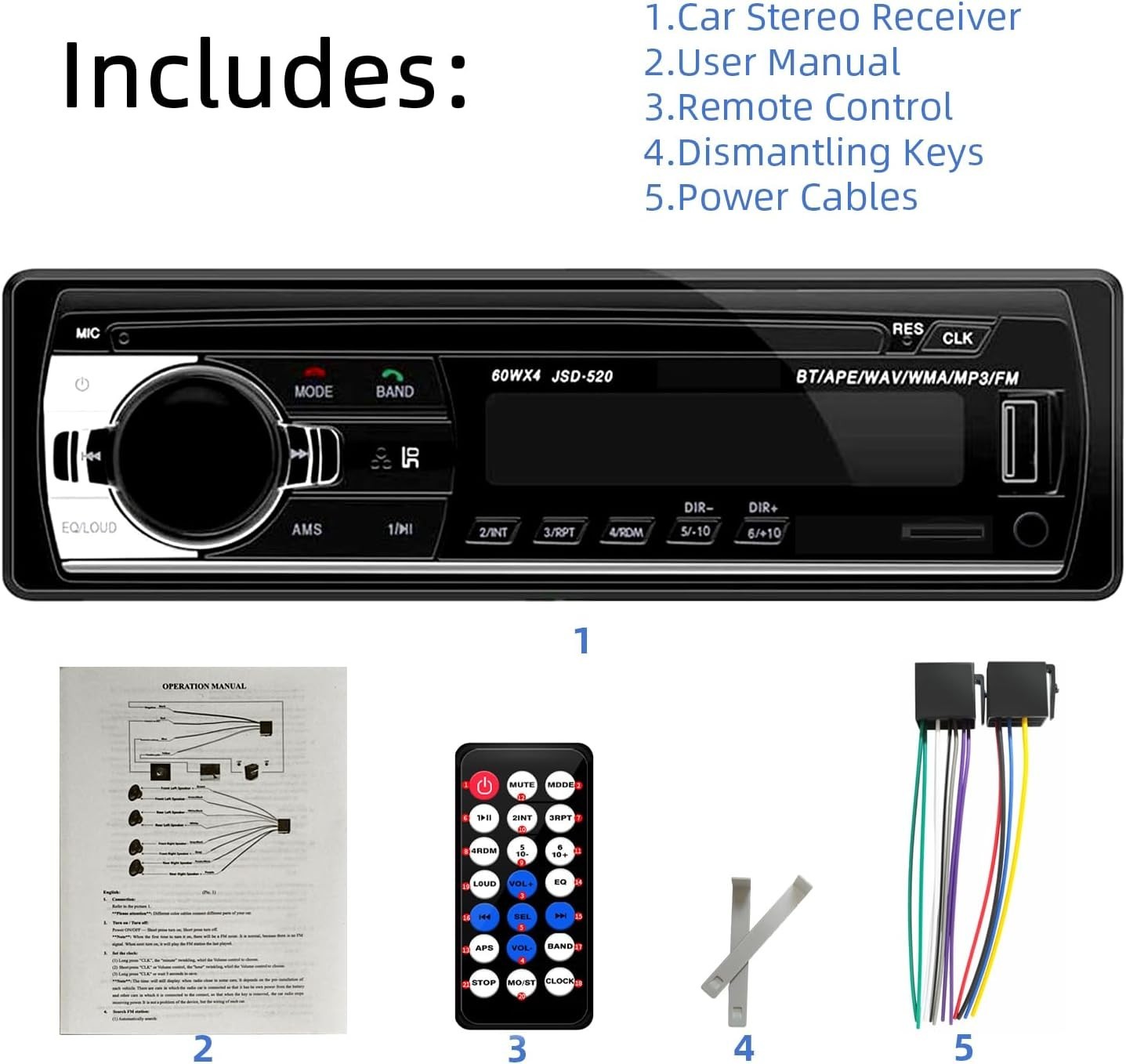 Compact JSD-520 Single Din Car Stereo with Bluetooth & Hands-free Calling