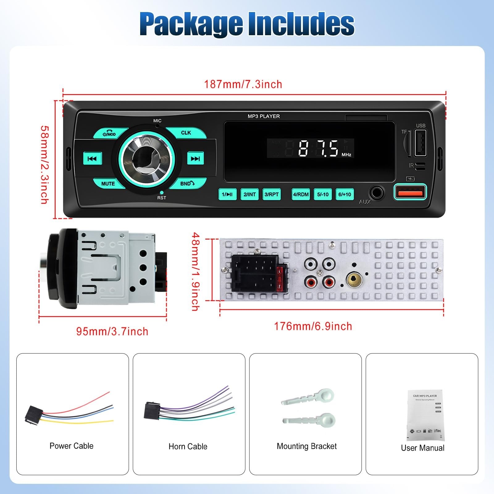 Bluetooth Car Stereo Single DIN – Dual Bluetooth, FM/MP3/SD/AUX, USB, EQ, Quick
