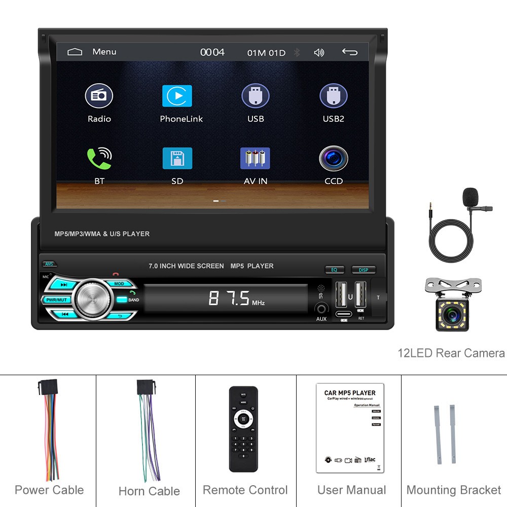 7″ Car Radio Single 1Din Retractable Wireless CarPlay Stereo Touch Screen BT FM