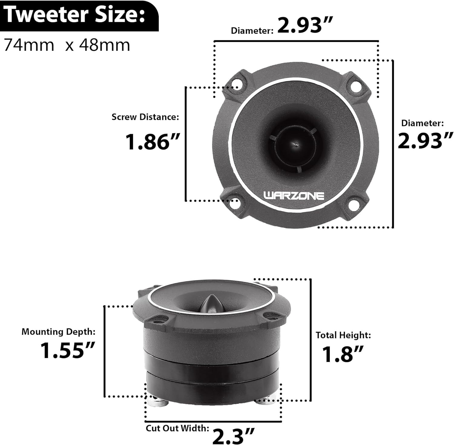 WARZONE 2.93″ Super Tweeter, 4 Ohm, 550W Max, 106dB Sensitivity, Titanium, CCAW