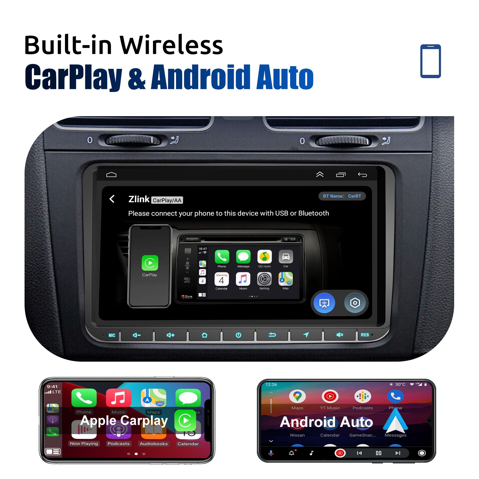 32G For VW GOLF MK5 MK6 9″ Carplay BT Car Stereo Radio GPS Android 14 MP5 Player