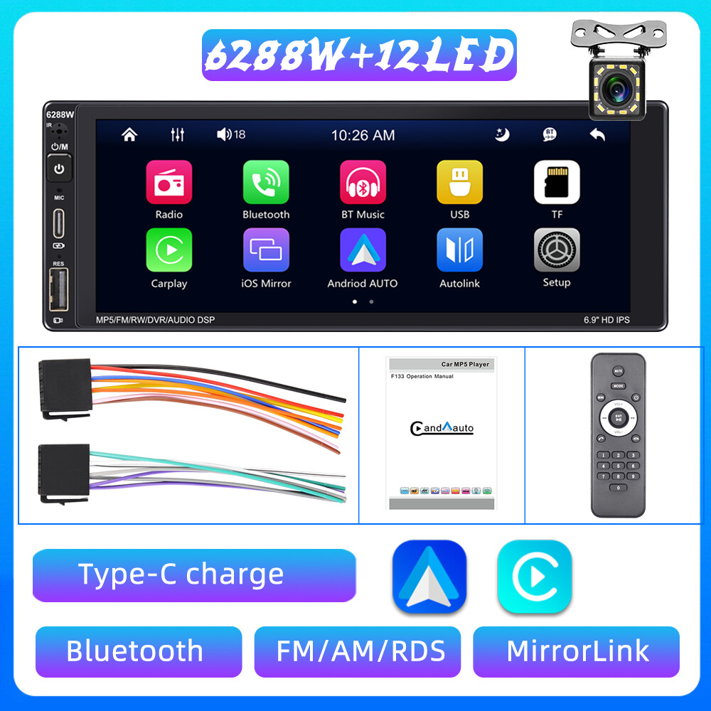 6.9″ 1 Din Car Stereo Bluetooth IOS Carplay Android Auto Mirror Link USB +Camera