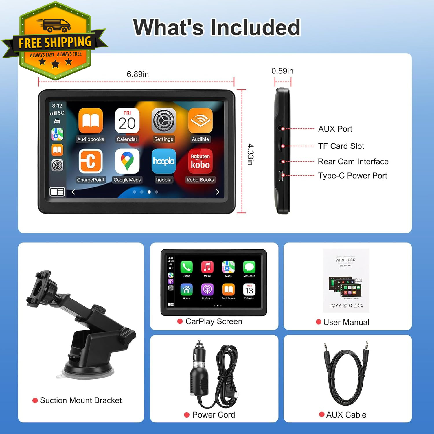 CarPlay Screen 7” Wireless Android Auto HD Touch GPS Bluetooth Plug Play