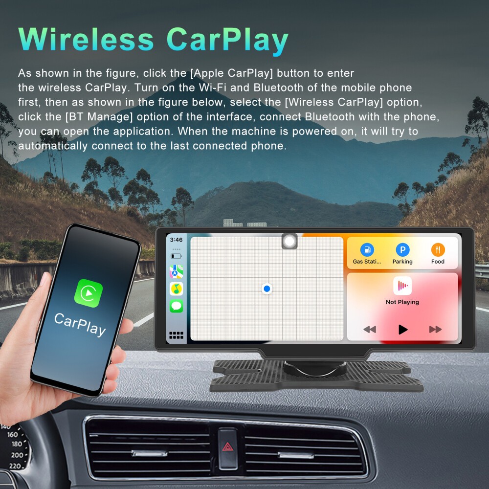 10.26″ 2K Portable Car Wireless Apple CarPlay Android Auto Touch Screen BT Radio
