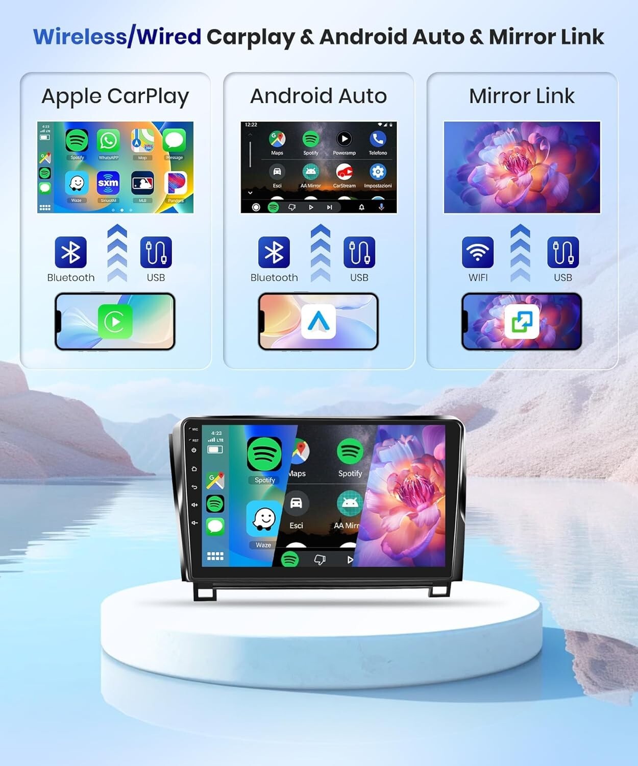 Wireless Carplay Android Auto 10.1”Touch Screen Bluetooth Car Audio GPS WiFi+AHD