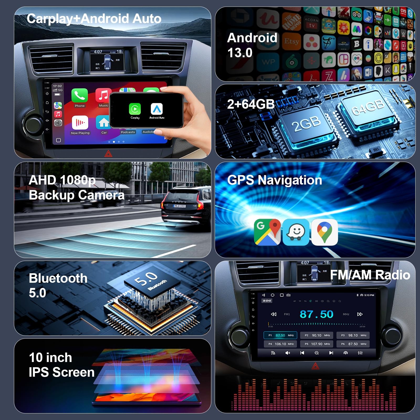 9″ 64GB Wireless Carplay & Android Auto Stereo for 2008-2013 Toyota Highlander